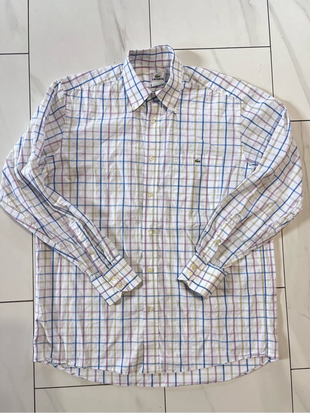 LACOSTE Mens Button Down Dress Shirt White plaid size 42 / large